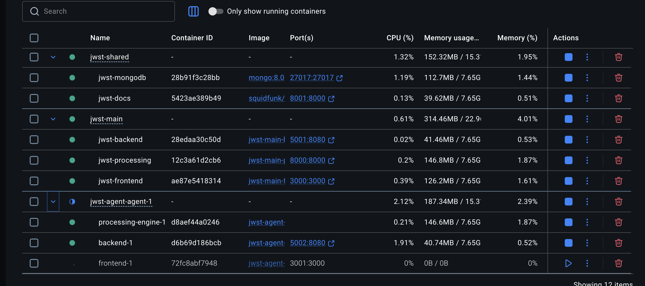 Docker Desktop showing running containers for main and agent Docker stacks