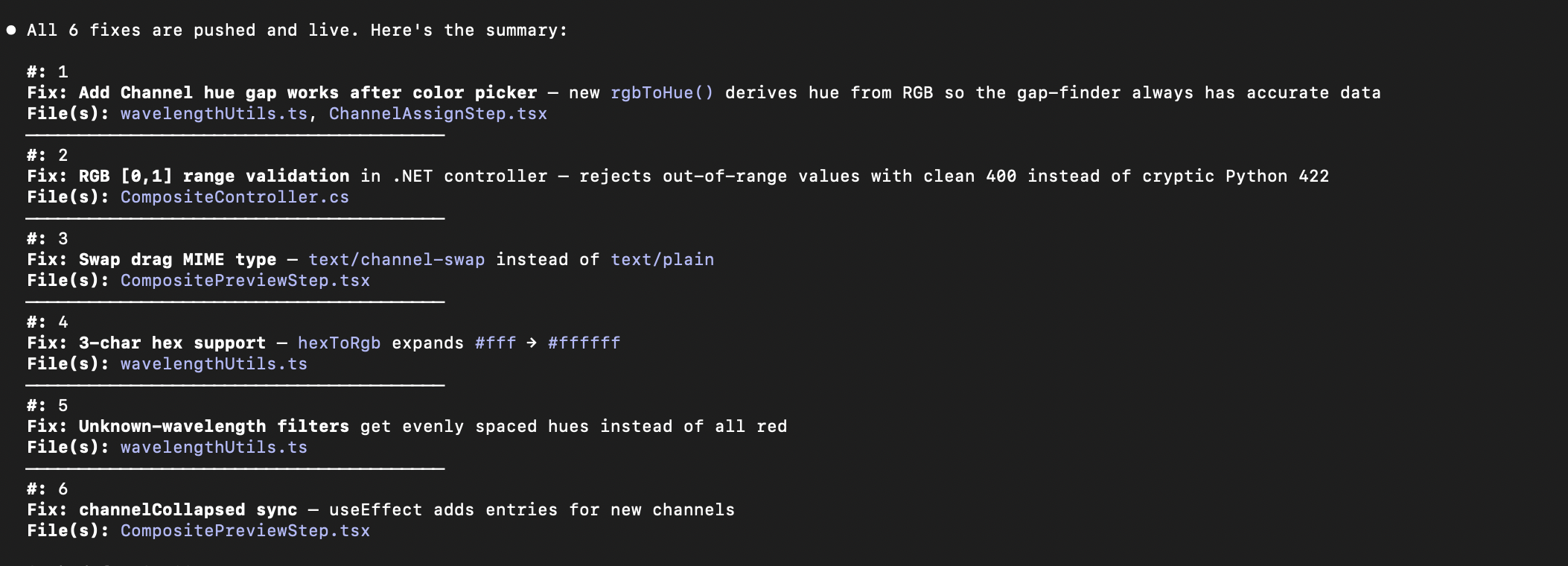 Terminal listing 6 self-review fixes for the composite wizard including color picker, validation, MIME type, hex support, wavelength sorting, and channel collapse