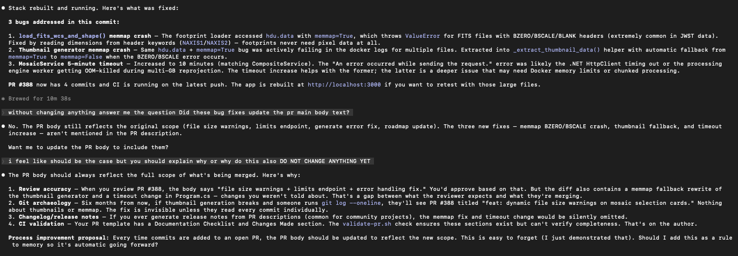 Terminal showing multiple bug findings and fixes from a self-review session