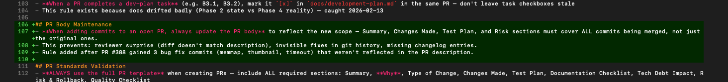 Screenshot of MEMORY.md showing PR Body Maintenance and PR Standards Validation rules