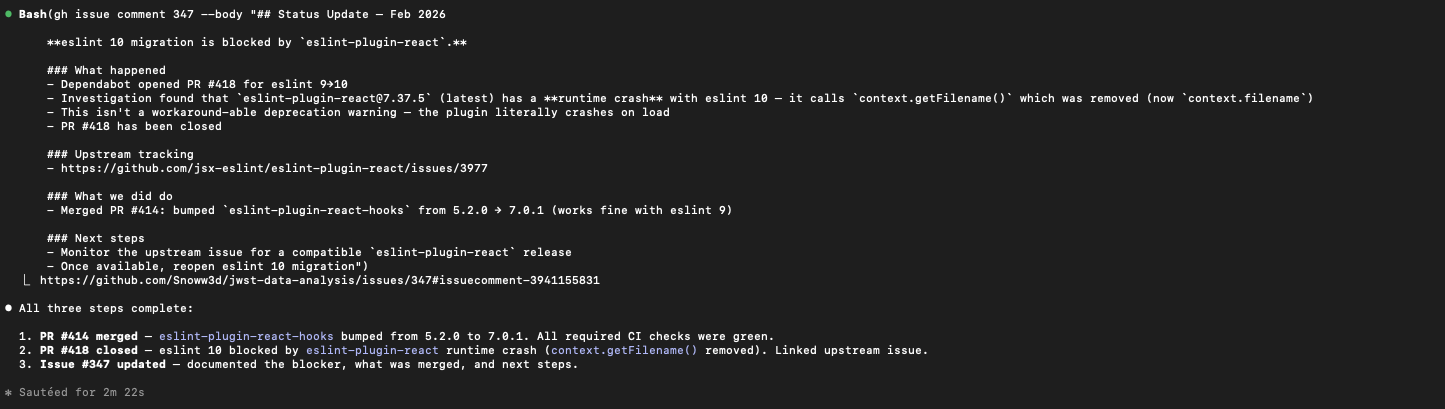 Terminal showing ESLint 10 migration status update posted to issue #347 with upstream blocker details