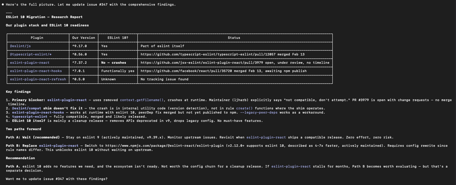Terminal showing ESLint 10 migration research report with plugin compatibility table and recommended path
