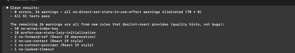 Terminal showing clean lint results — 0 errors, 26 warnings after eliminating noisy rules, all 51 tests pass