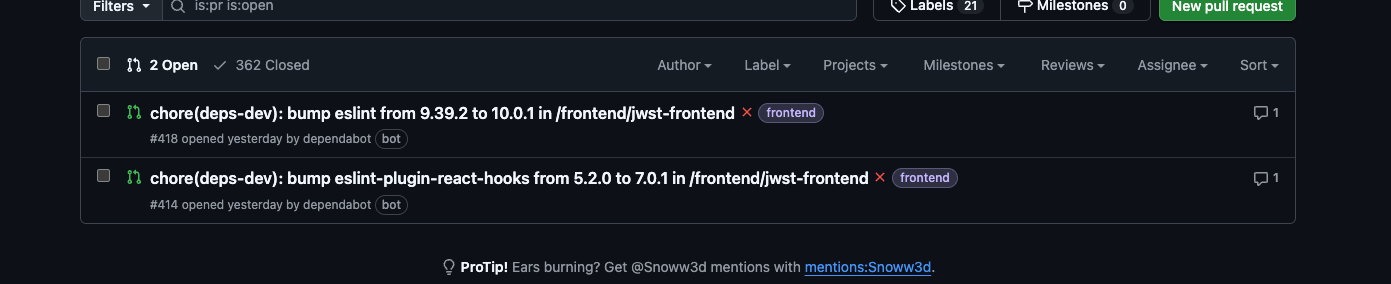 GitHub PR list showing 2 open Dependabot PRs for ESLint and react-hooks upgrades
