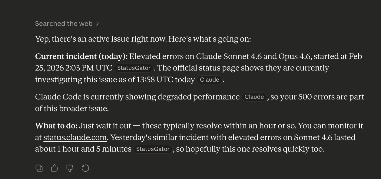 Anthropic status page showing elevated errors on Claude Sonnet 4.6 and Opus 4.6