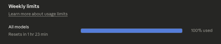Claude Code weekly usage limits at 100%, resetting in 1 hour 23 minutes
