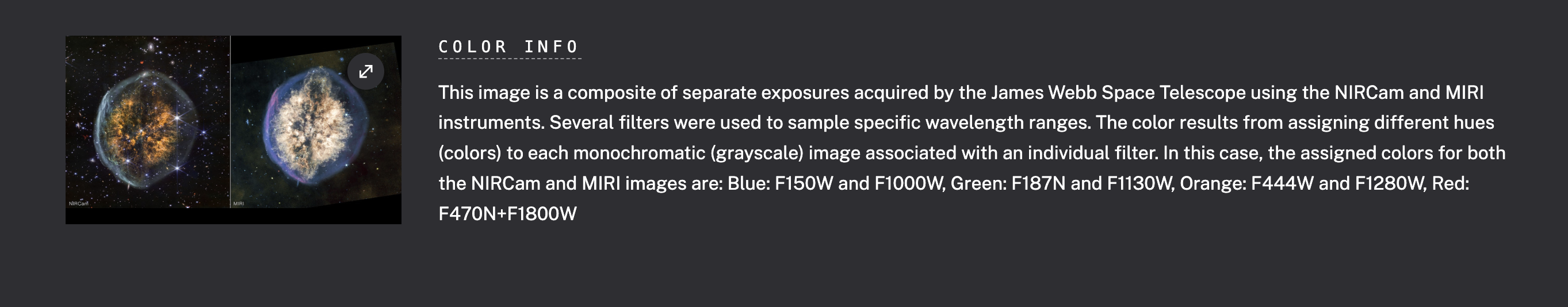 NASA color info panel showing the filter-to-color mapping used for the Cranium Nebula composite: Blue F150W/F1000W, Green F187N/F1130W, Orange F444W/F1280W, Red F470N/F1800W
