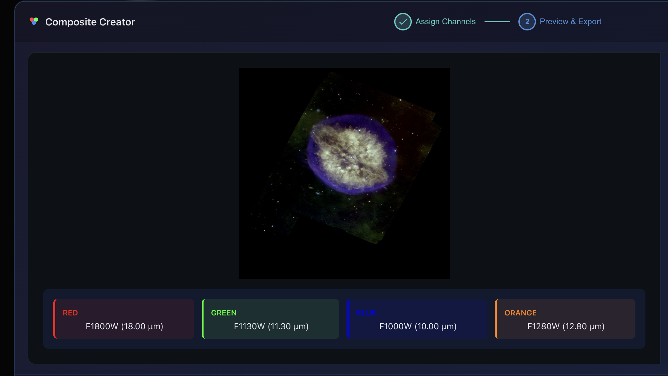Composite Creator UI showing a 4-channel attempt at the Cranium Nebula with Red F1800W, Green F1130W, Blue F1000W, and Orange F1280W