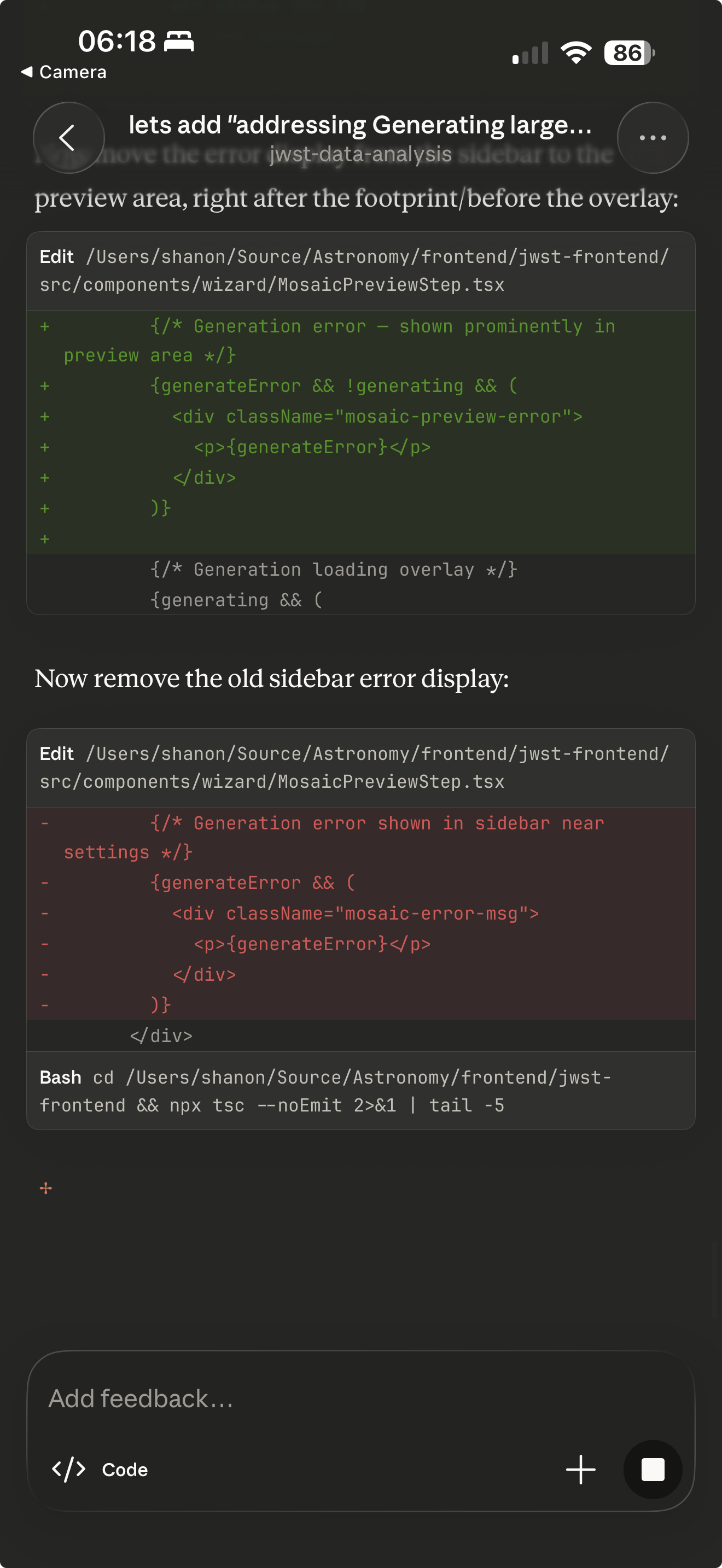 Claude Code remote control on mobile -- reviewing code edits to move the generation error display into the preview area of MosaicPreviewStep.tsx