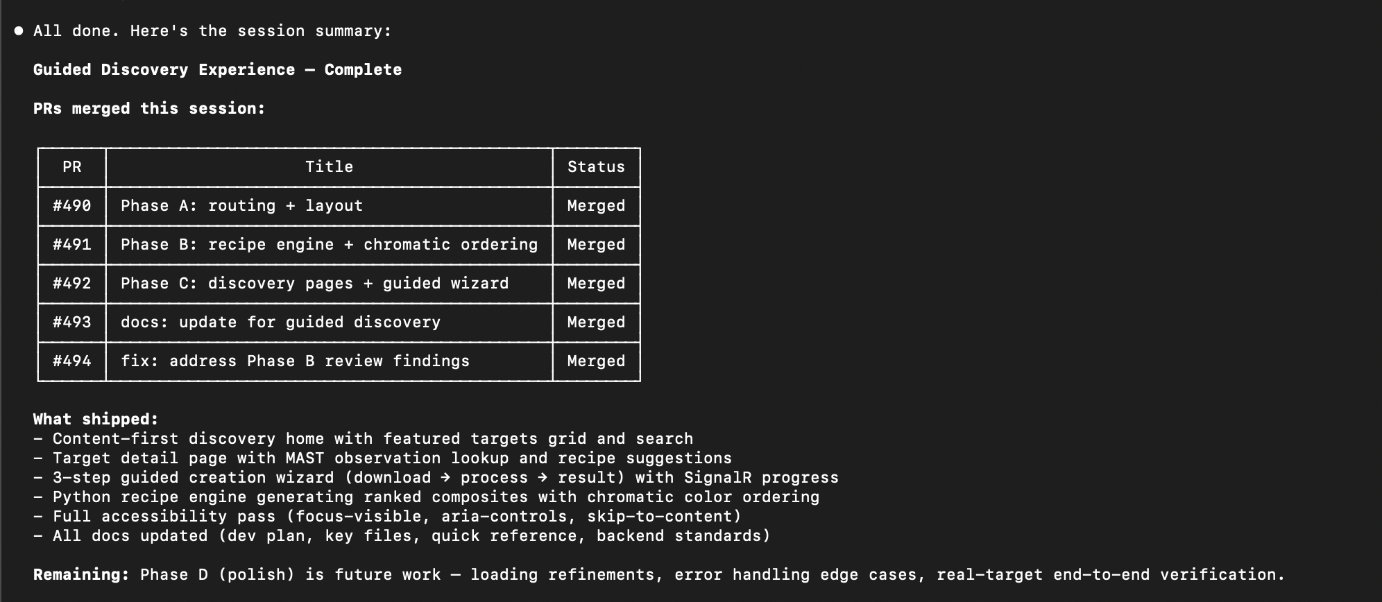 Session summary showing Guided Discovery Experience complete -- 6 PRs merged including routing, recipe engine, wizard UI, docs, and review fixes