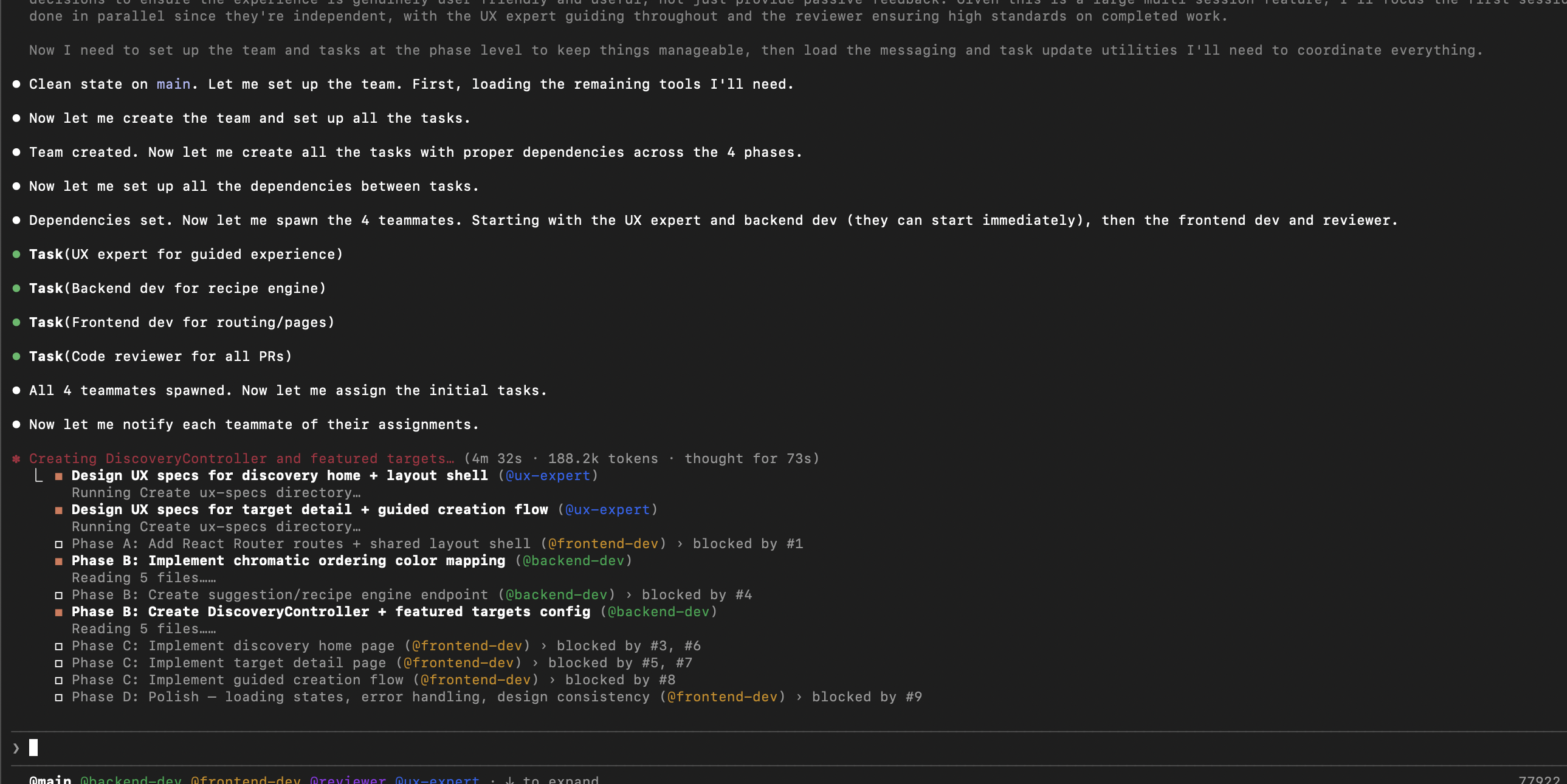 Claude Code multi-agent team setup with 4 parallel tasks for the Guided Discovery feature -- UX expert, backend dev, frontend dev, and code reviewer all spawned and working simultaneously