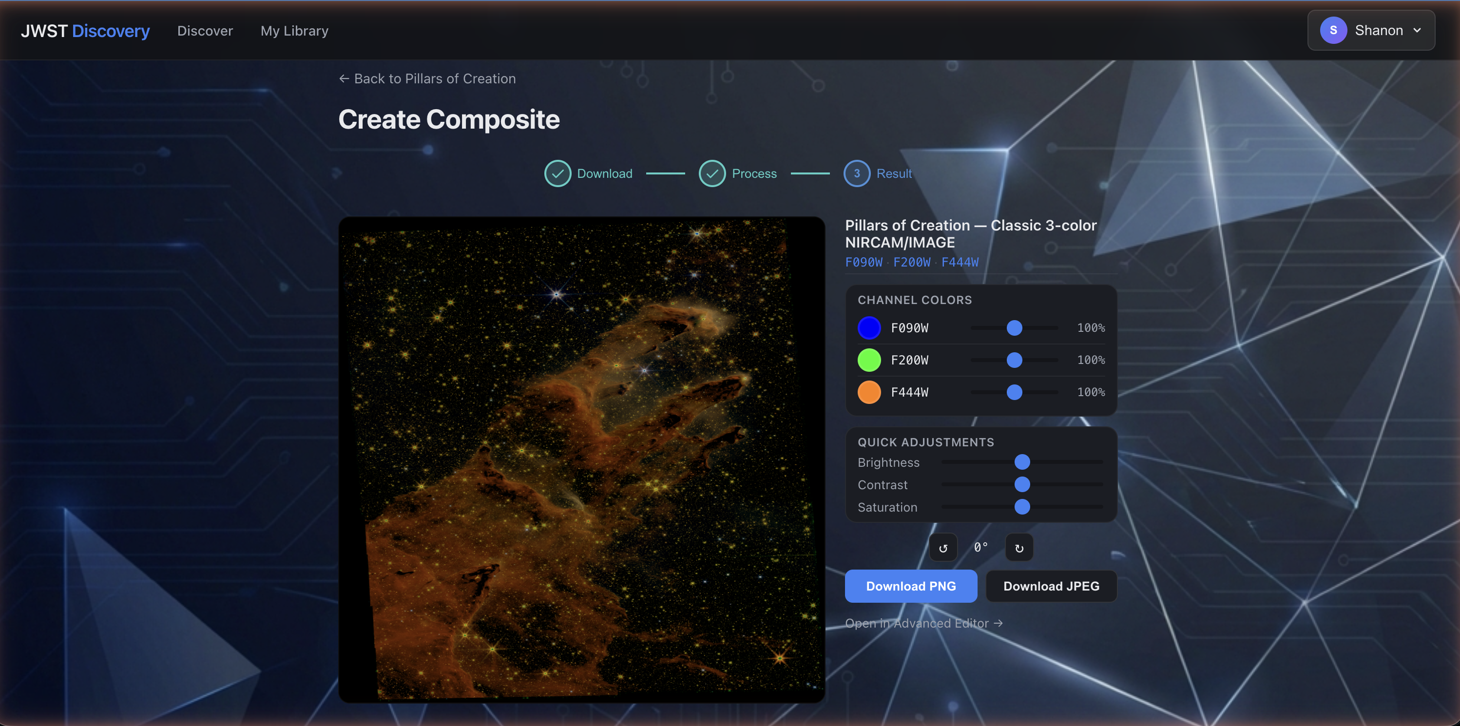 Guided create wizard result step showing Pillars of Creation composite with sidebar channel color controls and quick adjustment sliders