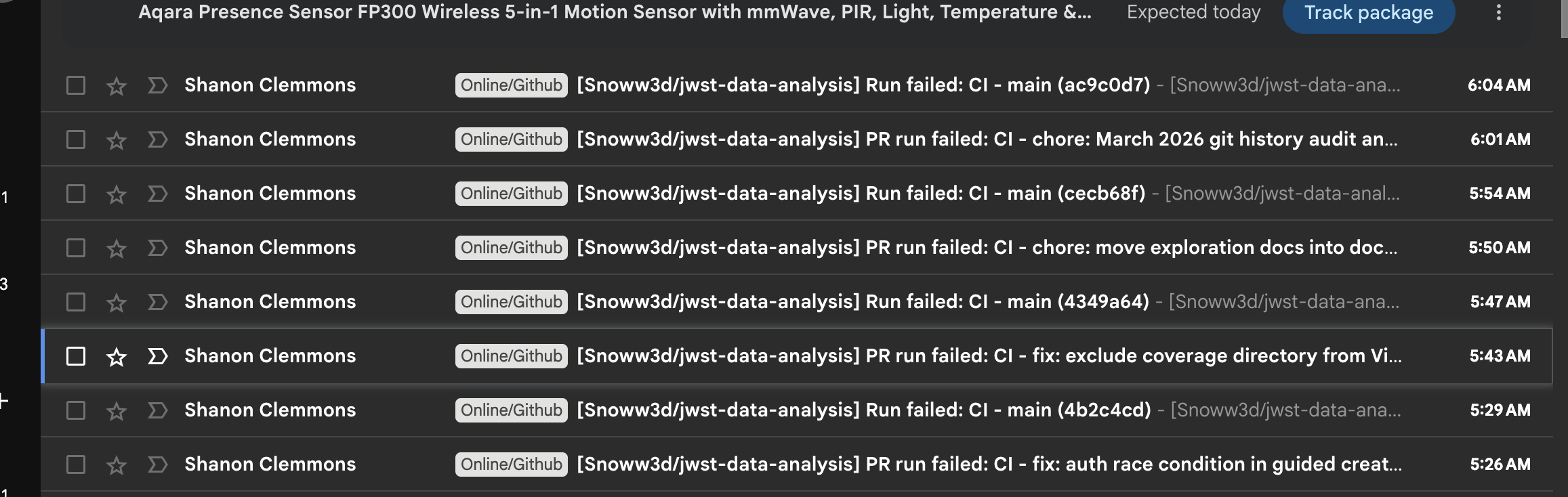 Email inbox showing a stream of GitHub CI notification emails with run failures and successes for the jwst-data-analysis project