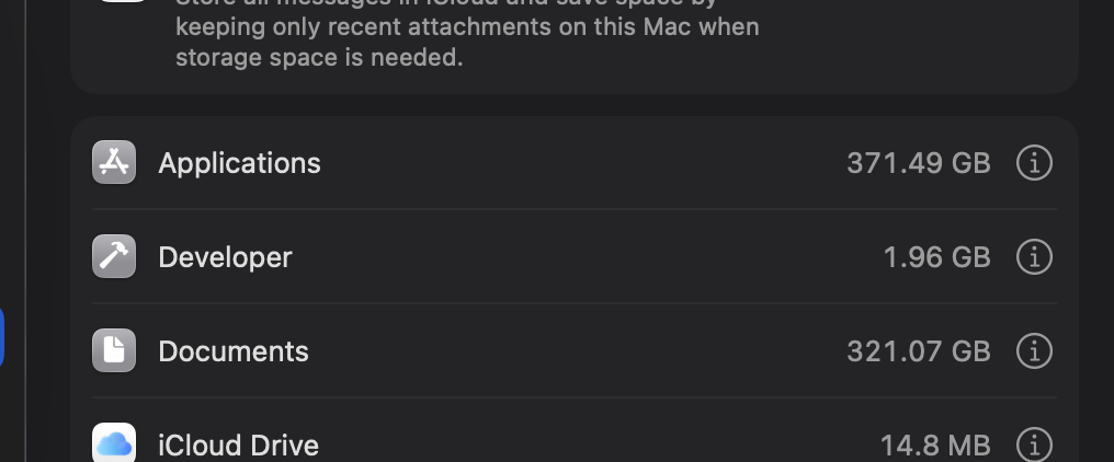 macOS storage breakdown showing Applications at 371 GB and Documents at 321 GB as the largest consumers