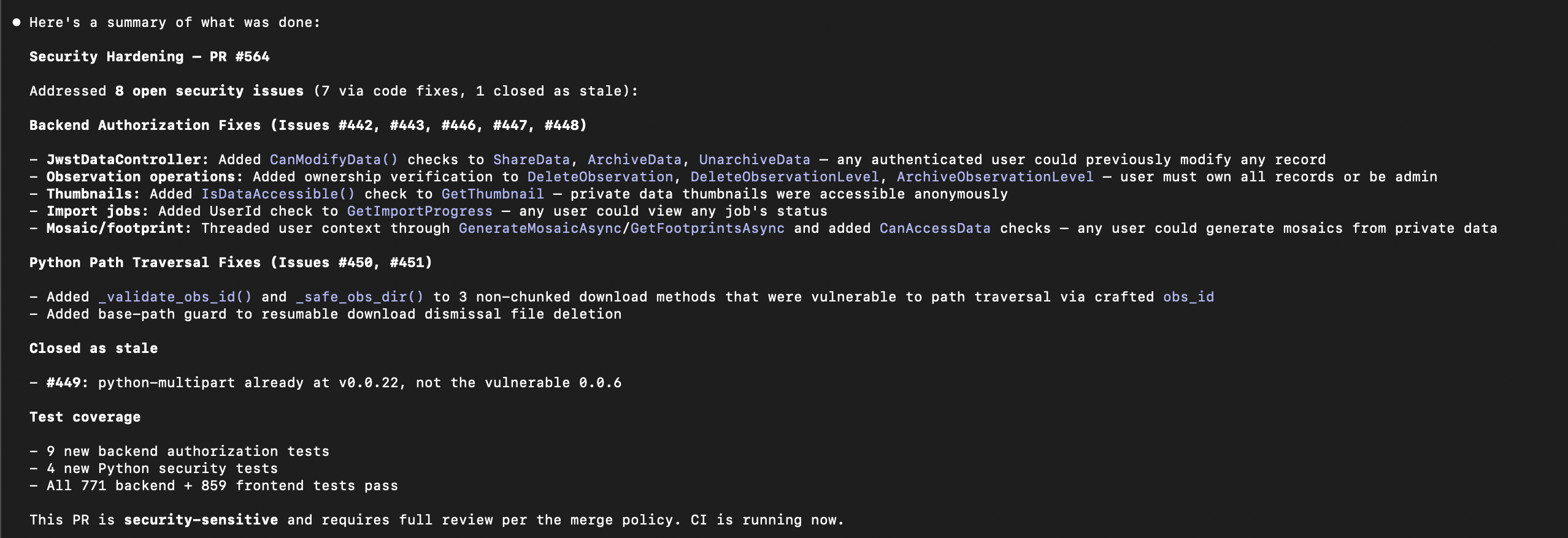 Slack summary of PR #564 security hardening: backend authorization fixes, path traversal fixes, 9 new auth tests, and 4 new Python security tests