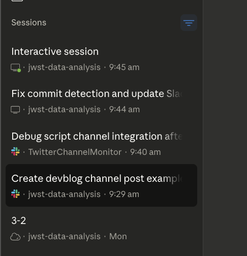 Claude Code sessions panel showing Slack and CLI connections to jwst-data-analysis