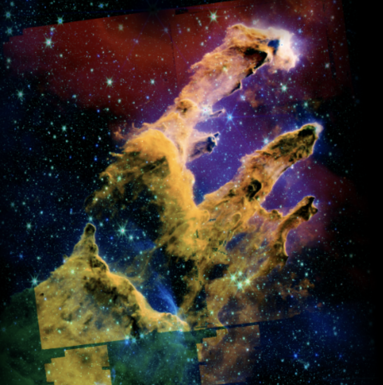 Pillars of Creation — 8-filter composite with visible detector footprint boundaries